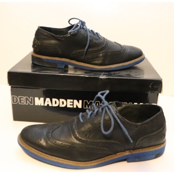 Steve Madden Men Oxfords Linkk Black Leather Wing Tip Blue Sole Dress Shoes‎ 10 - Picture 1 of 8